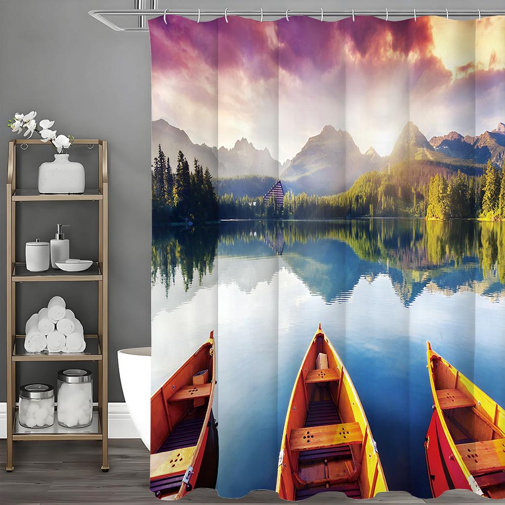 

Пейзаж Озеро Деревянная Лодка Пейзаж Занавеска для Душа, Декоративная Занавеска для Душа для Ванной Комнаты, Водонепроницаемая Занавеска для Душа с Крючками 90*180cm