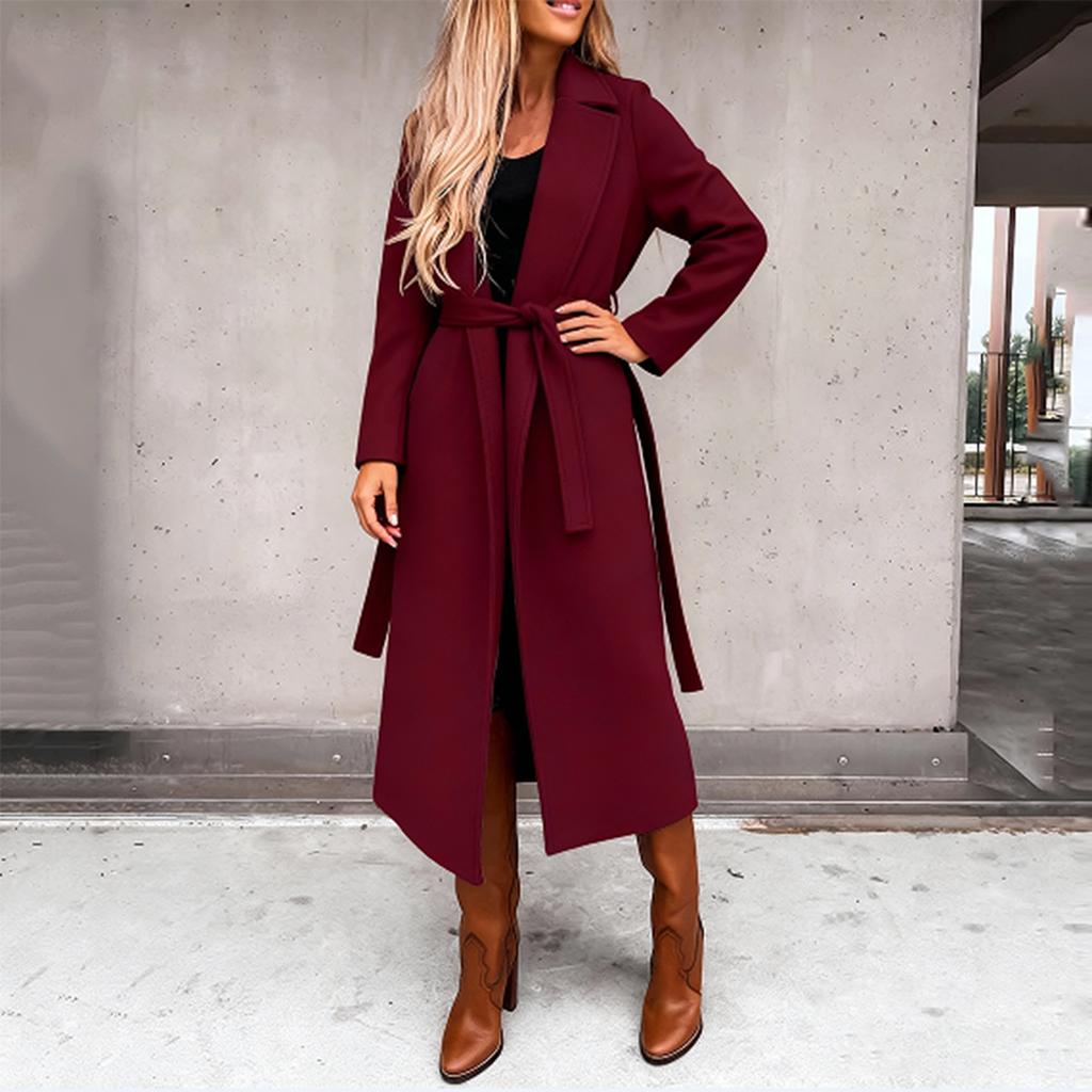 Damen Casual Mode Einfarbig Langärmlig V-Ausschnitt Bindegürtel Langer Wollmantel