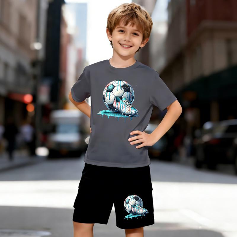 Boys 2 Piece Football-themed Printed Outfit, Short Sleeve T-Shirt and Shorts Set for Kids Age 5-14,Black and White Sporty Casual Summer Clothes