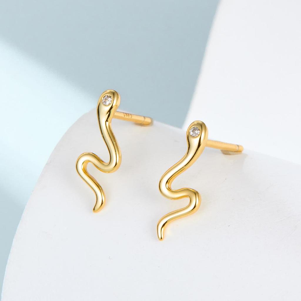 S925 Sterling Silver Snake Zodiac Stud Earrings, Light Gold, Sweet & Cool Niche Design.