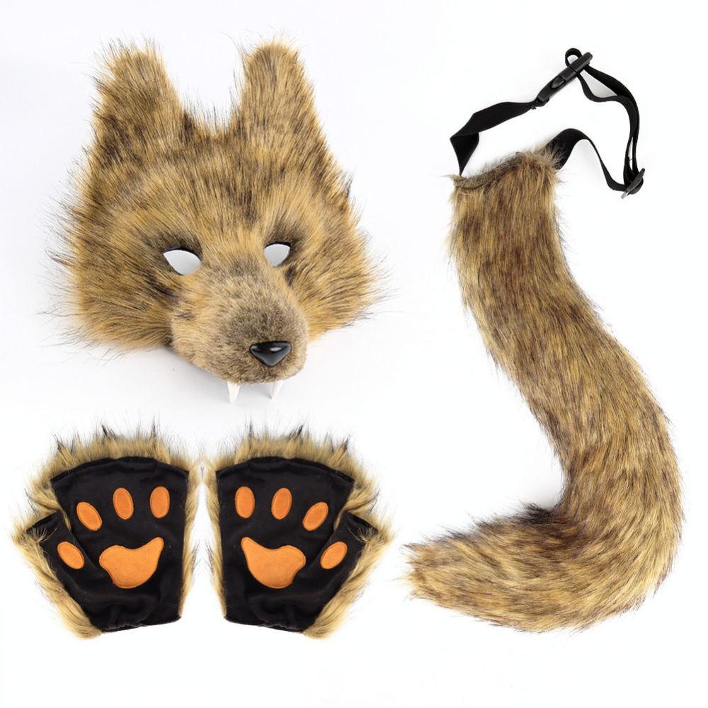 Halloween Wolf Mask Plush Tail Accessory Kit Simulation Animal Roleplay Costume Props Party Masquerade Decoration Set