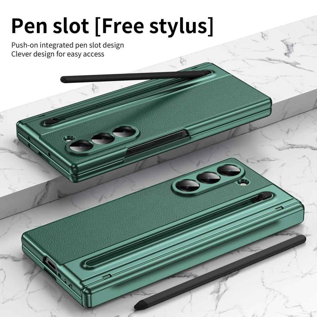 High Quality Leather Case for Samsung Galaxy Z Fold 7 6 5 4 3 Stylus Pen Slot Holder Plastic Fold Shockproof Protection Cover