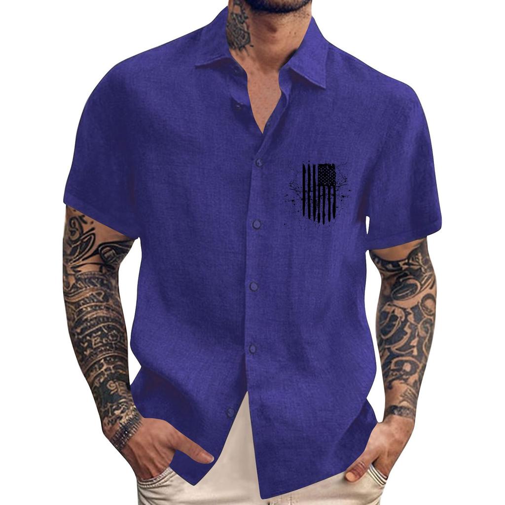 Pánské ležérní volné tričko s krátkým rukávem a potiskem a módním klopovým topem