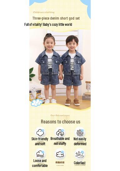 Dreiteiliger Sommeranzug im koreanischen Stil aus Denim-Jacquard für Mädchen