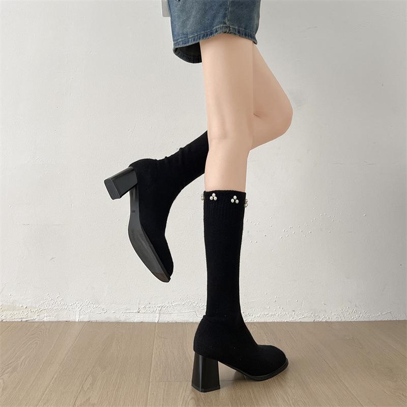 Fashion Elastic Boots for WomenAutumn New Style Long Thigh-high Boots with Thick Heels and Small Square Heads Slender High Boots