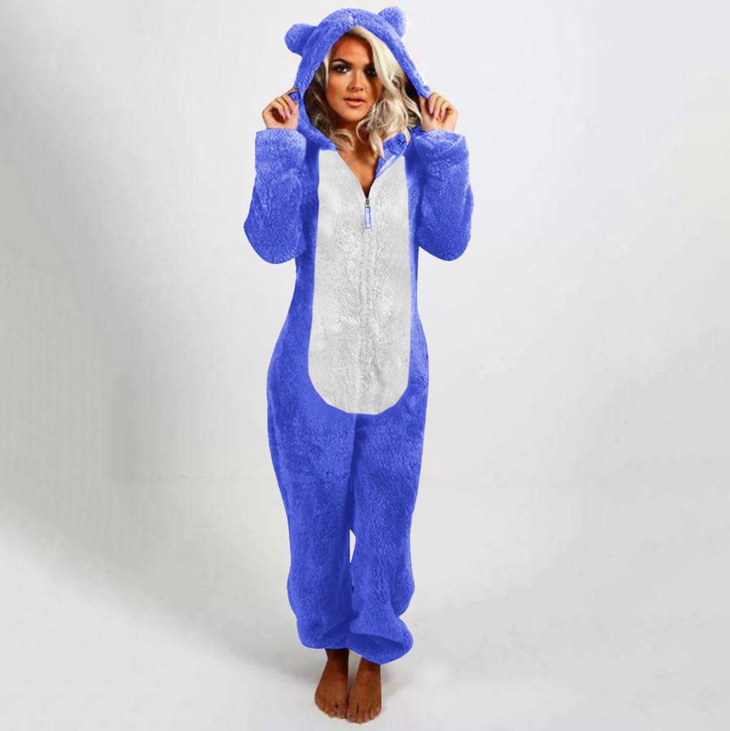 Women's Fashion Fleece-Lined Thickened Fleece Hooded Pyjamas With Zip-Up Onesie