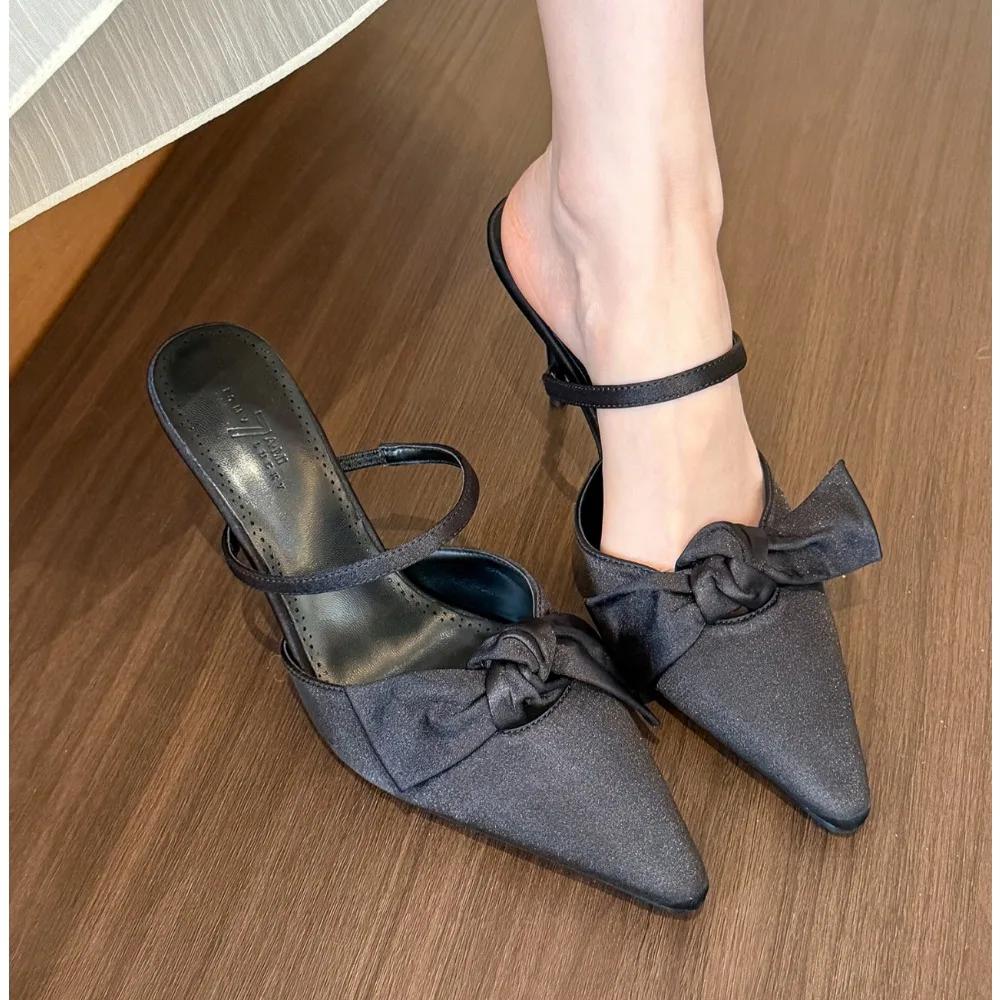 New Black Butterfly Knot Women Slingbacks Heels Shoes Sexy Dress Thin Heel Pointed Toe Mules Ladies High Heels Women Pumps