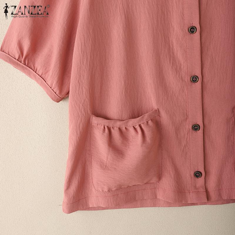 ZANZEA Women Casual Round Neck Short Sleeve Patchwork Pockets Blouse