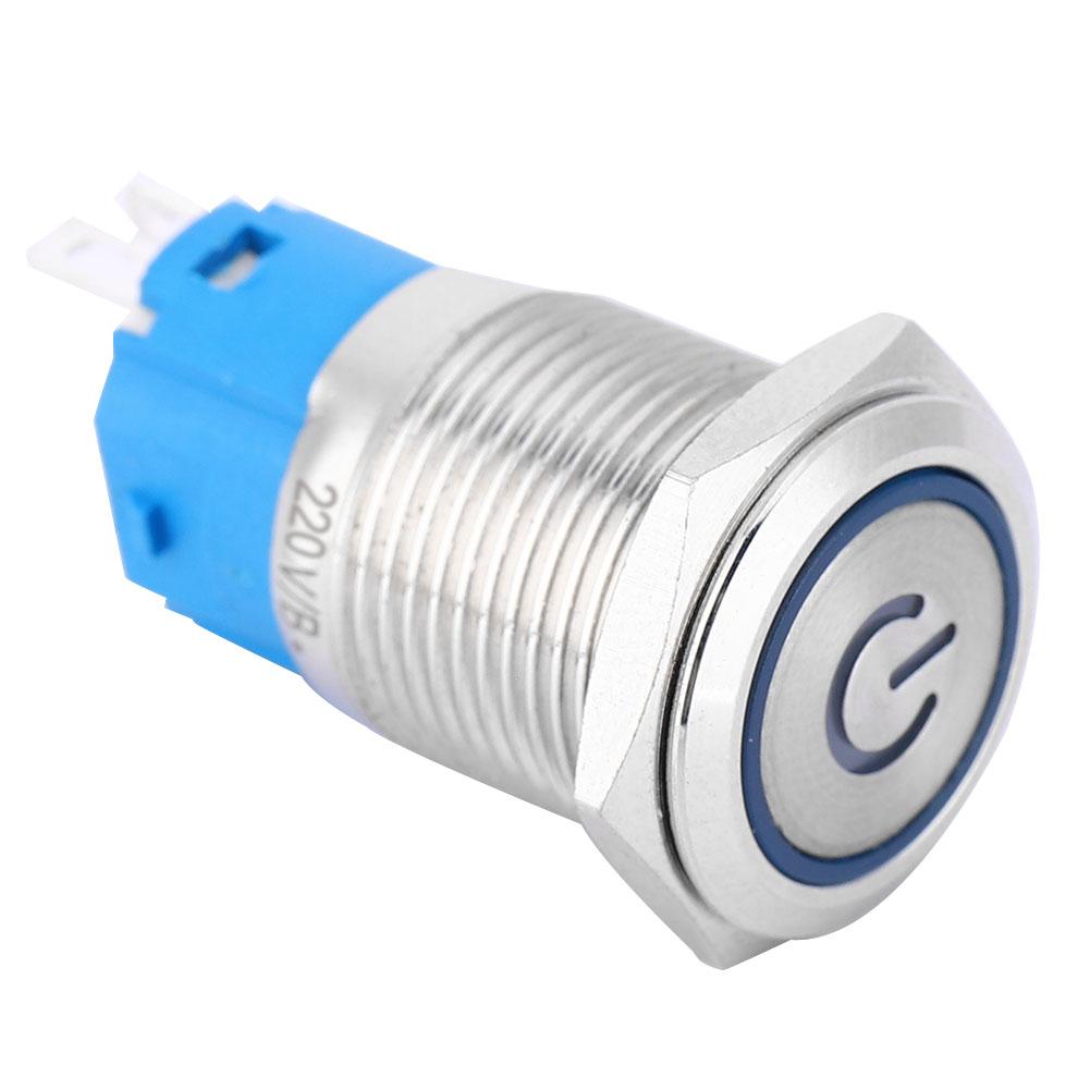 Blue LED Flat Round Head Self Reset Metal Push Button Ring with Power Symbol 16mm(220V)