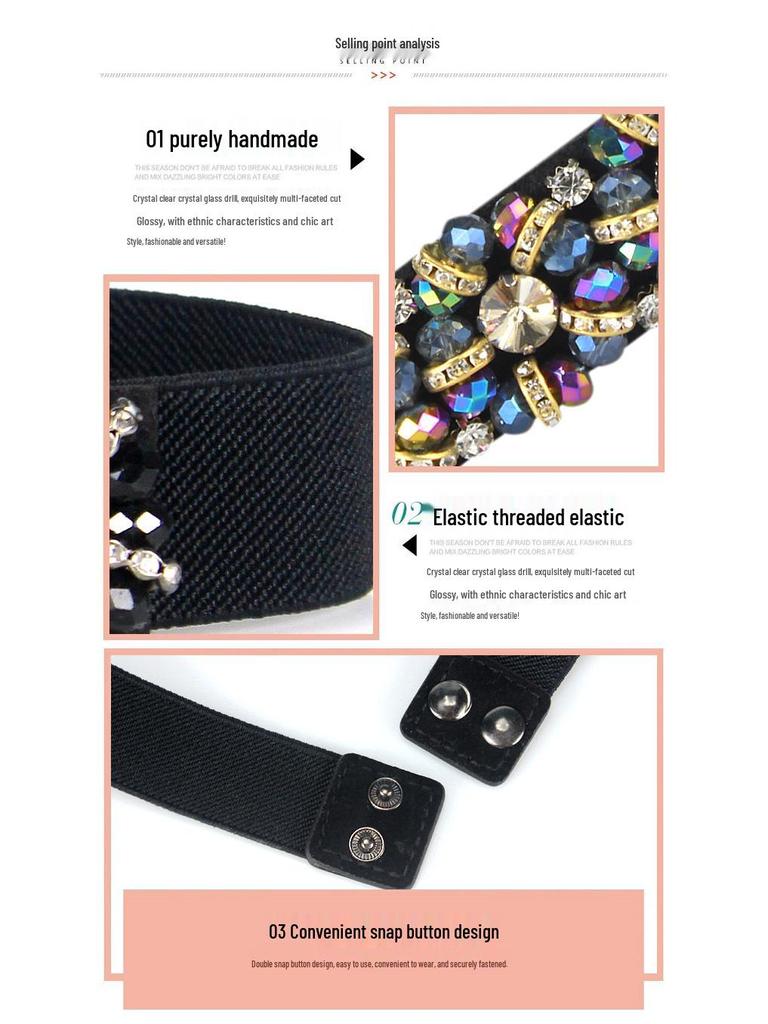 Women's Rhinestone Flower Elastic Waist Belt