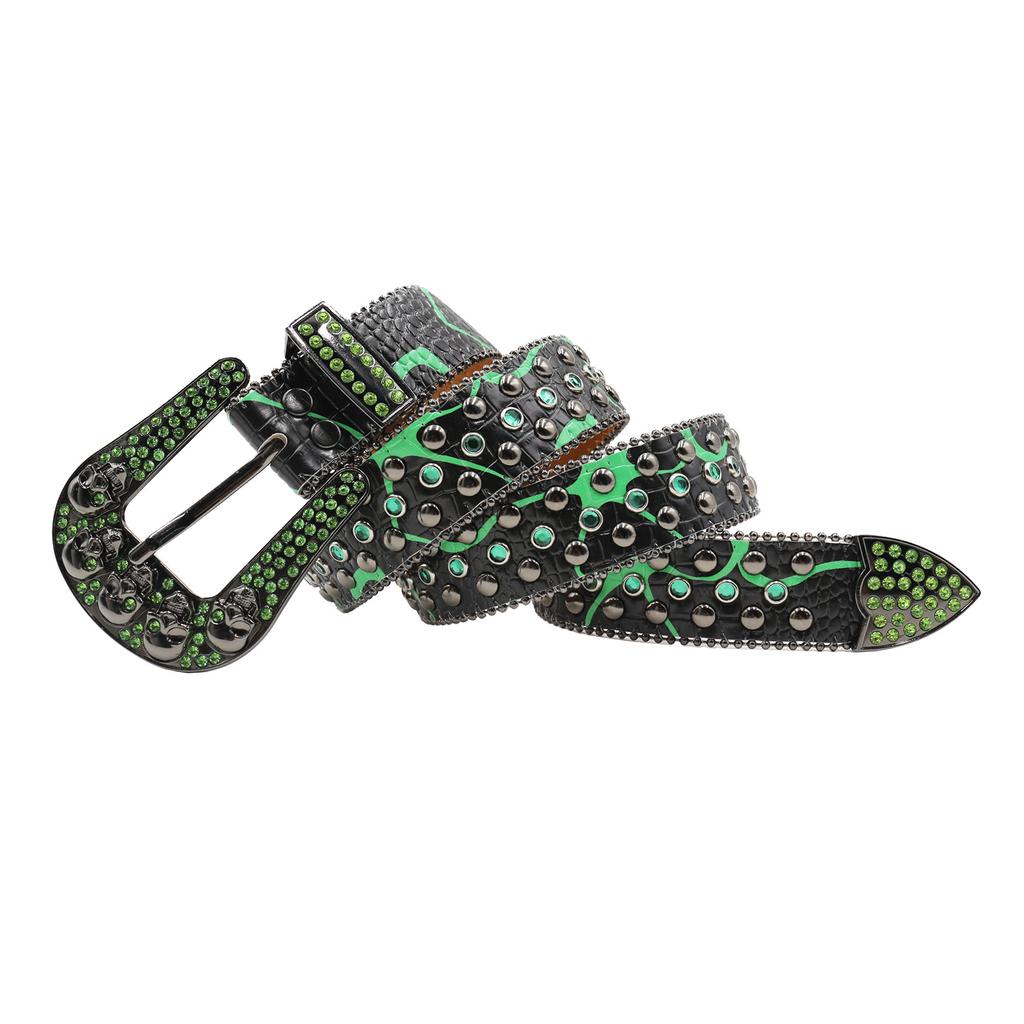 Rhinestone Skull Wide Belt Men Inlaid with Rhinestone Flash Diamond Hip Hop Punk Personality Fashion Non-mainstream