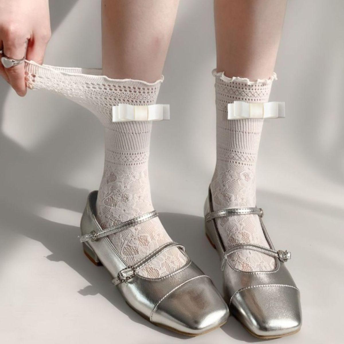 

One-Word Knot Lace Hollowed-Out Breathable White Jk Socks, Women S Summer Thin Fungus Edge Student Bows Stacked One size fits all белый