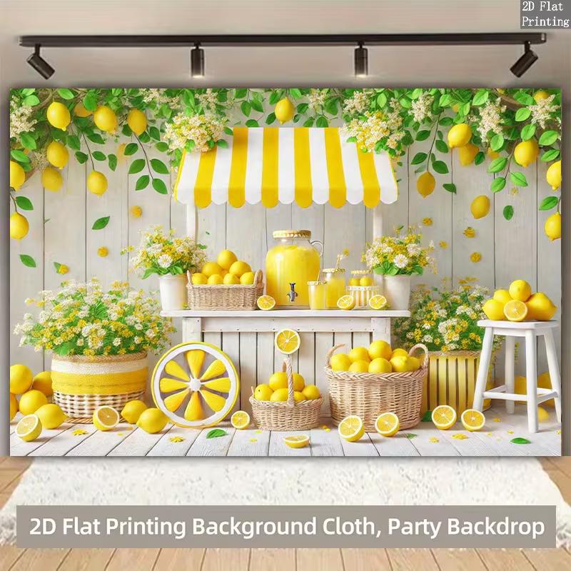 2D Summer Lemonade Stand Backdrop - Yellow Lemon Photography Background Banner for Party Decor