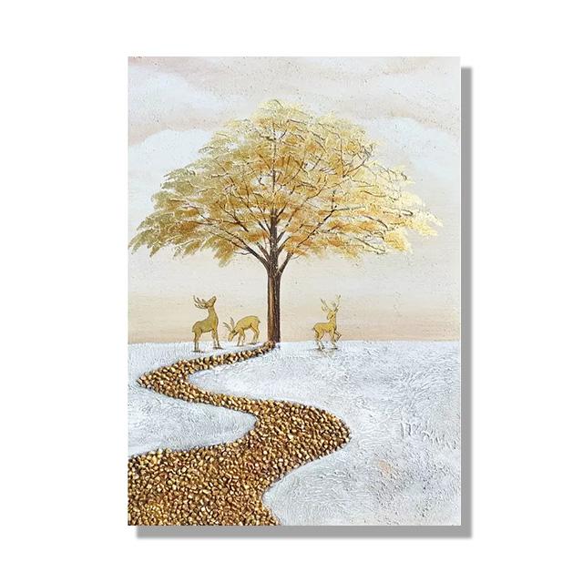 

Золотое дерево с маленьким оленем, современное дерево, приносящее богатство, пейзаж, картина маслом на холсте, большая настенная живопись, украшение для дома, прихожей 21x30cm No Framed