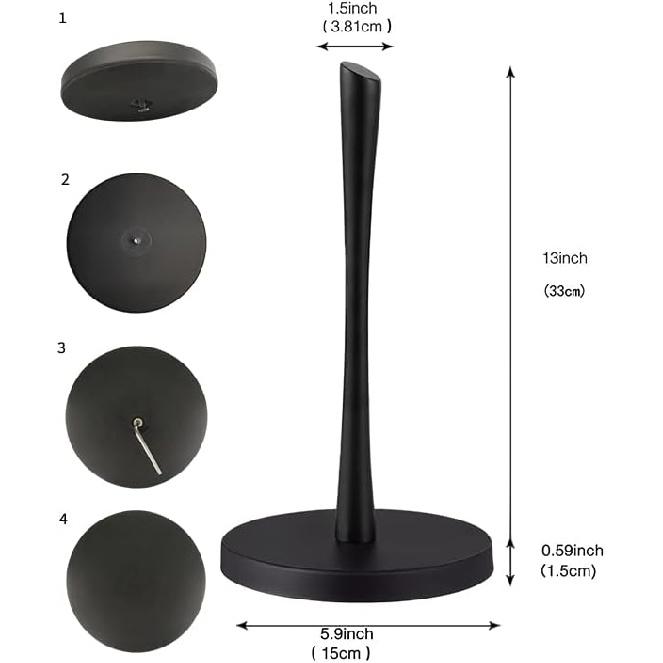 Paper Towel Holder countertop, Free-Standing Kitchen roll Holder for Kitchen Bathroom, Black Paper Towel Holder Stand Dispenser with Stainless Base