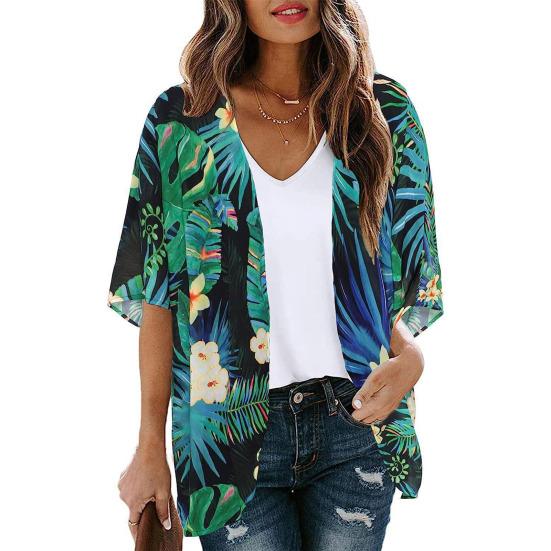 Women Beach Shirt Flower Print Thin Soft Short Sleeve Open Stitch Loose Breathable Sun Protection Anti-UV Lady Beach Cover-up