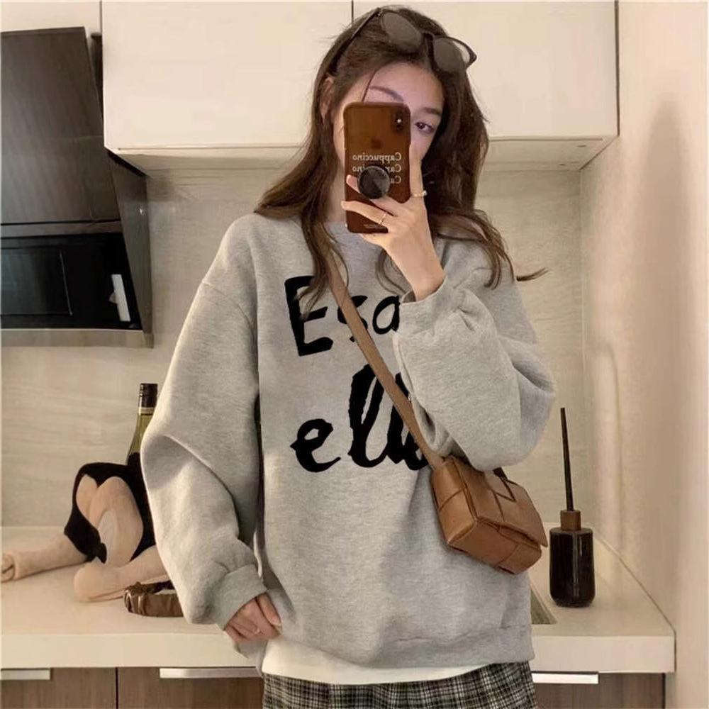 Unisex American Retro Gray Plus Velvet Sweater - Trendy Long-Sleeved Top for Spring and Autumn