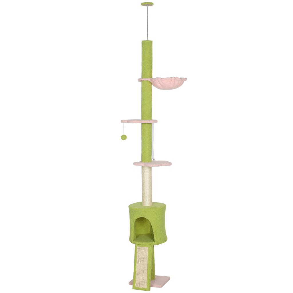 Floor-to-Ceiling Cat Tree, 5 Levels 220-240 Cm, Flower Platforms, Den, Hammock, Green