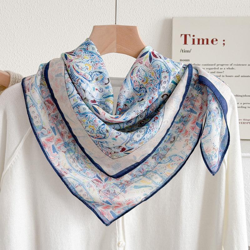 Dunhuang purple cashew flower silk scarf 71, imitation silk small square scarf for women, Spring and Autumn ethnic style headscarf, neck guard