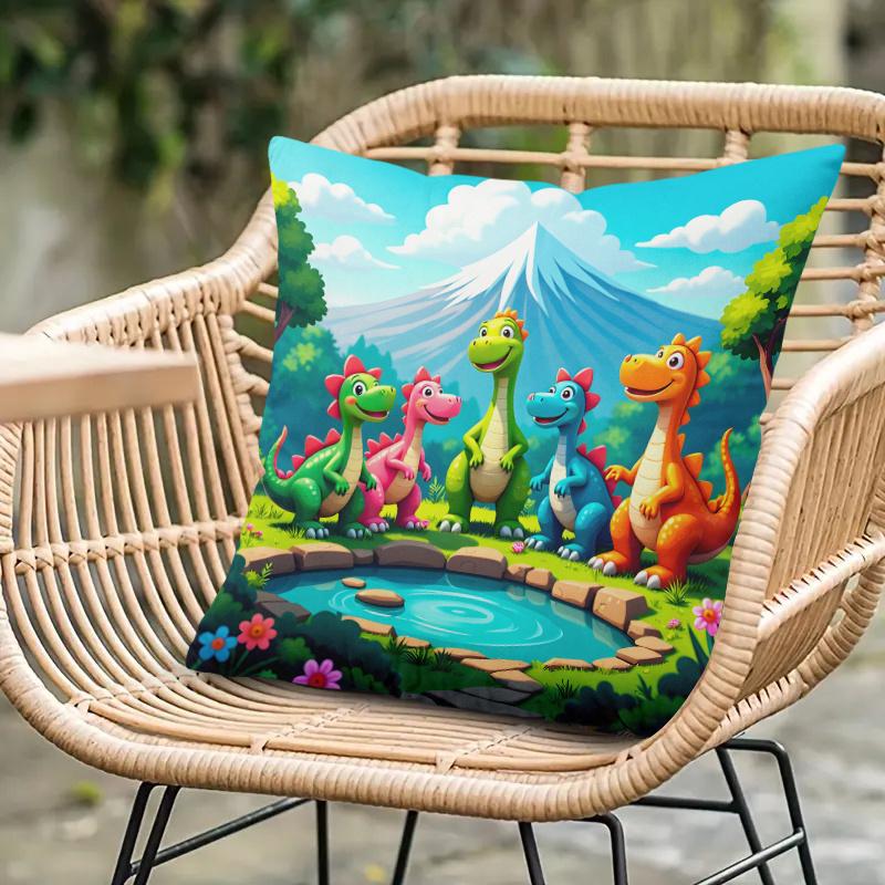 1Pc Cartoon Dinosaur Family Print Throw Pillow Cover,Suitable For Sofa,Bedroom,Kids Room,A Playful Gift For Little Dino Lovers