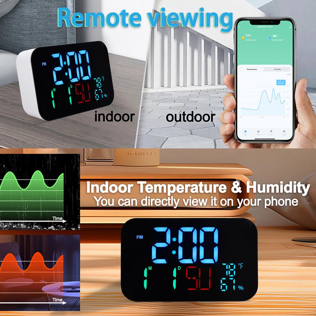 WiFi Smart Clock Thermometer Humidity Digital Clock   Alarm Date Day Compatible with   Smart App Remote Control Large Display Brightn