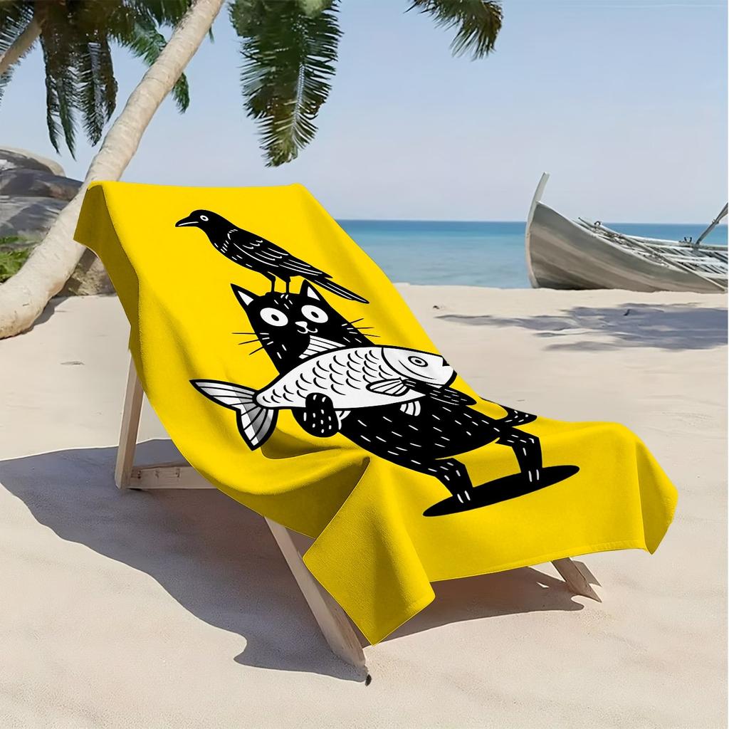 Cartoon-Katze und Krähenfisch-Muster Polyester-Mikrofaser-Strandtuch ist sehr saugfähig, geeignet für Schwimmen und Strandausflüge