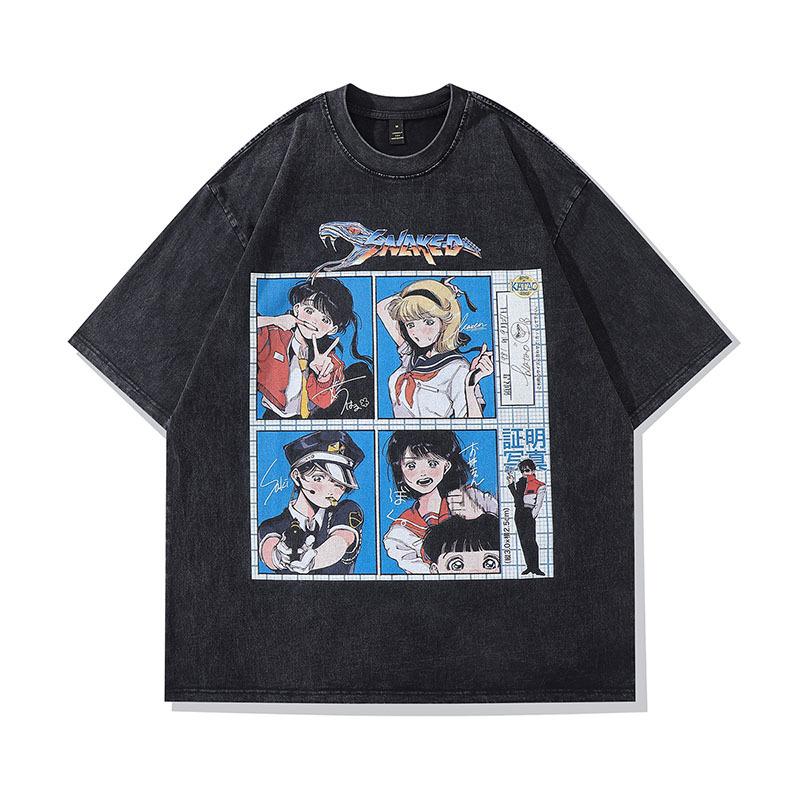 High Street Vintage Old Washed Cartoon Printed Short Sleeve T-Shirt Men'S And Women'S Bf Style Hip Hop Loose Half Sleeve Top