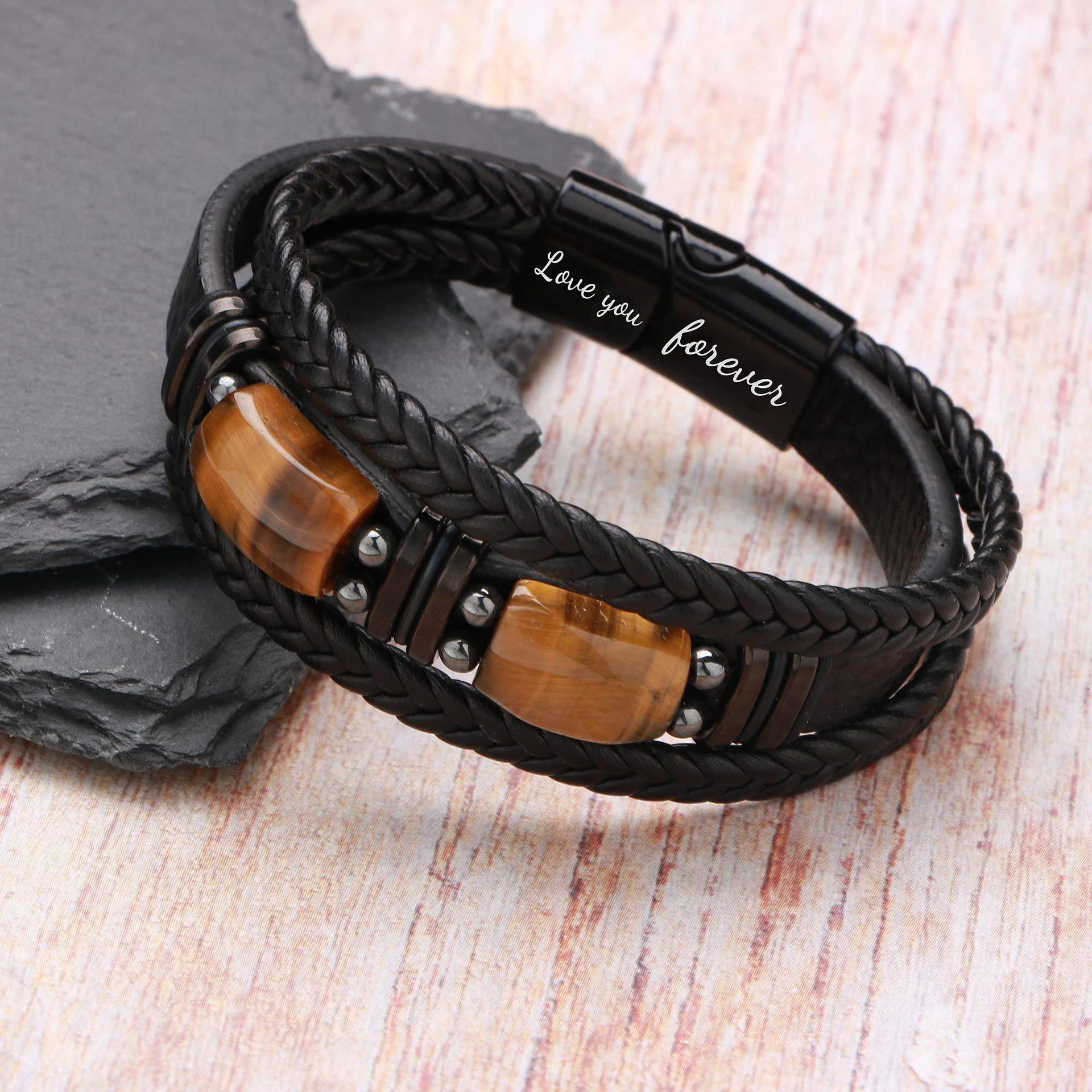

Yellow Tiger Eye Stone Magnetic Bracelet Double Buckle Tiger Eye Stone Leather Bracelet Factory Direct Sale 9Inch