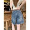 2025 Summer Women's Retro Blue High Waist Straight Leg Jeans - Versatile Petite Five-Point Shorts
