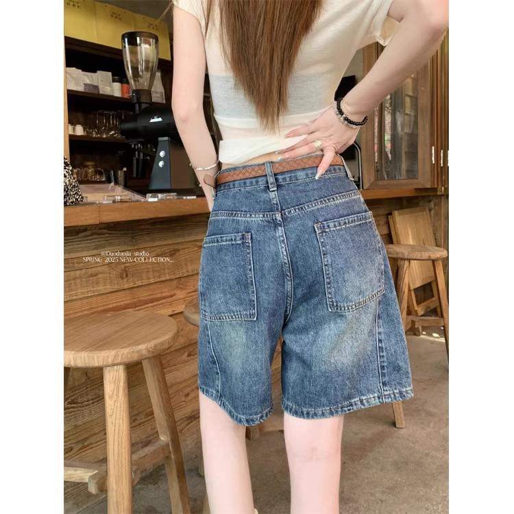 2025 Summer Women's Retro Blue High Waist Straight Leg Jeans - Versatile Petite Five-Point Shorts