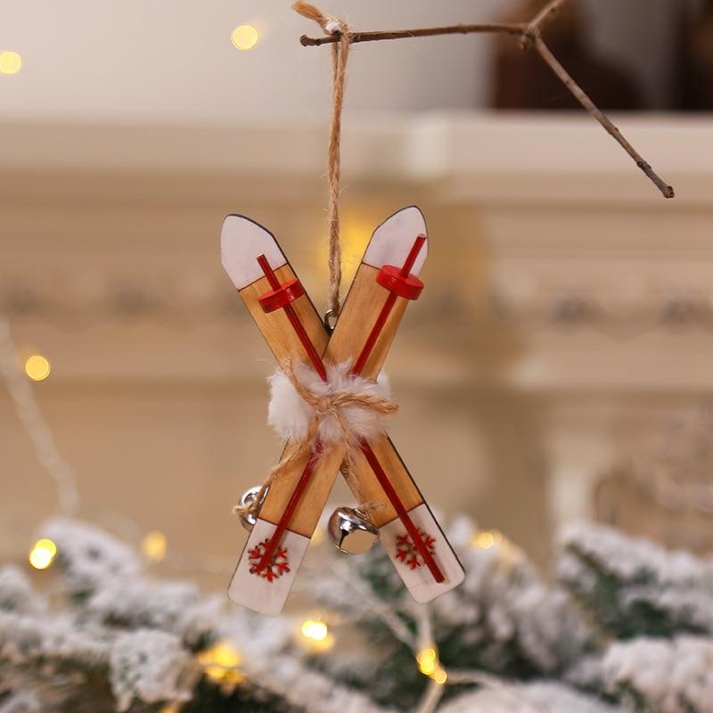 Slitta di Legno Decorazione di Natale Casa Sci di Legno Campanella Ornamenti di Natale Regalo per Bambini