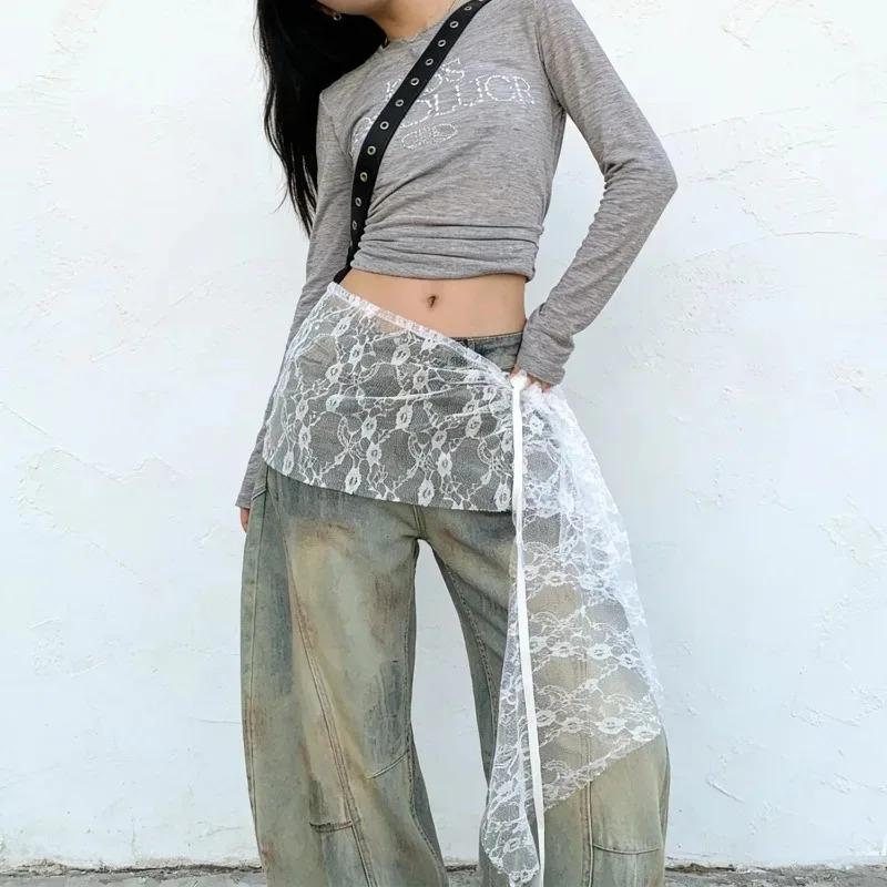 Korean Fashion Lace Trim Triangle Scarf Layering Essential Hem Skirt Curtain Mesh Waist Scarf Skirt Cover Women Summer Bohemian