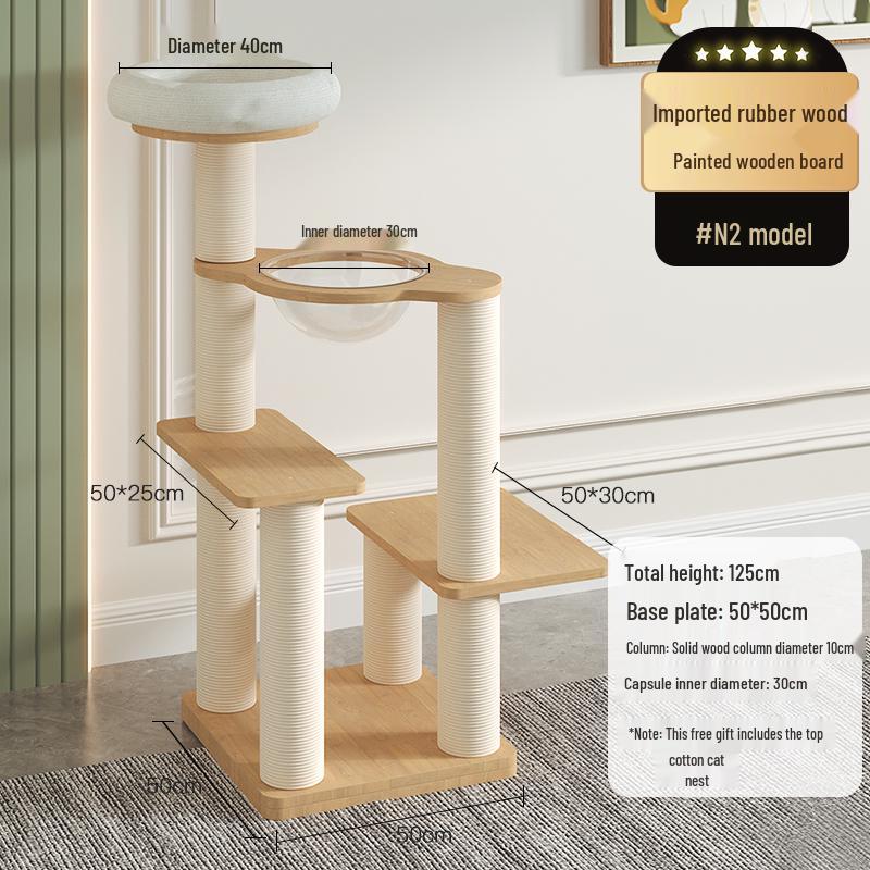 Solid Oak Cat Tree with Wall-Mounted Space Capsule Bed