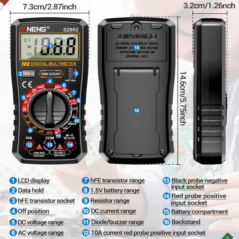 Digital Multimeter ANENG SZ852 Professional 1999 Counts 600V AC DC Voltage Current Resistance Tester HFE Transistor Diode Test with Digital Display