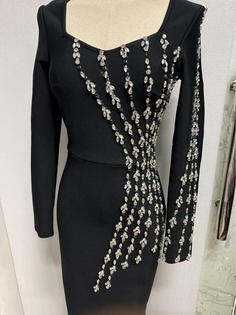 2025 Diamond-Studded Bandage Evening Dress – Sexy Long-Sleeved European & American Style