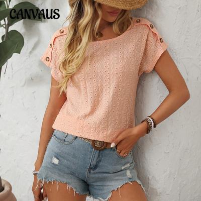 Nuova T-shirt da donna a maniche corte con bottoni e scollo rotondo a tinta unita per primavera ed estate, top traforati