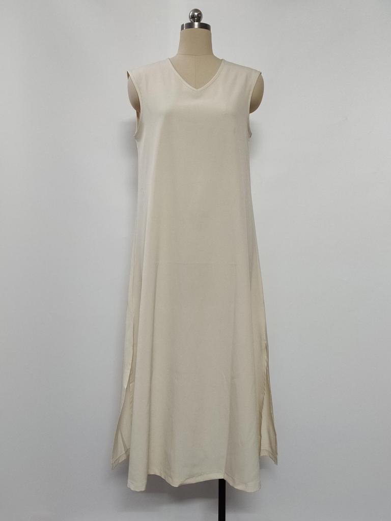 2025 Summer Sleeveless V-neck Maxi Dress - European & American Style, Elegant Long Dress with Side Slit for Women