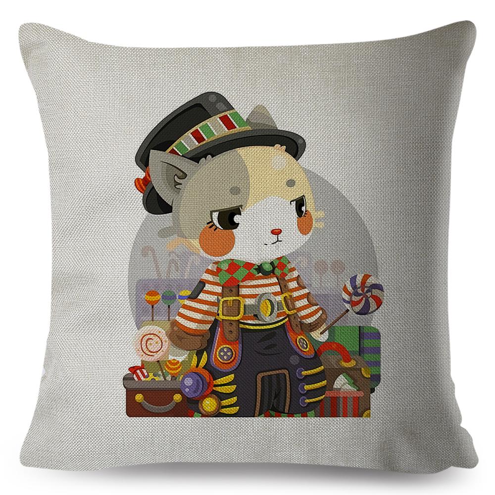 Adorable Cat Character Cushion 45x45cm Original Fantasy Theme Illustration High Resolution Print Woven Fabric Cover