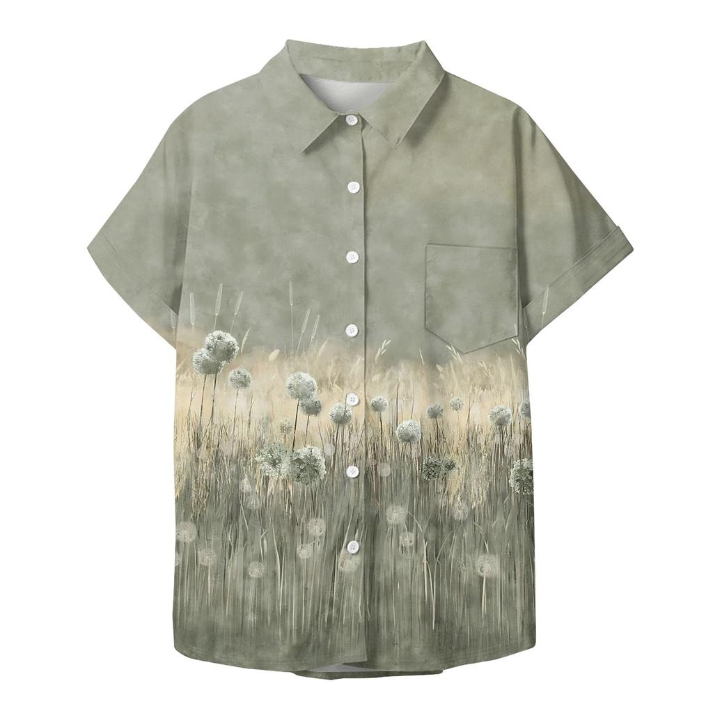 Dámská košile s krátkým rukávem, denní módní top s potištěným knoflíkem, kardigan s kapsou na hrudi