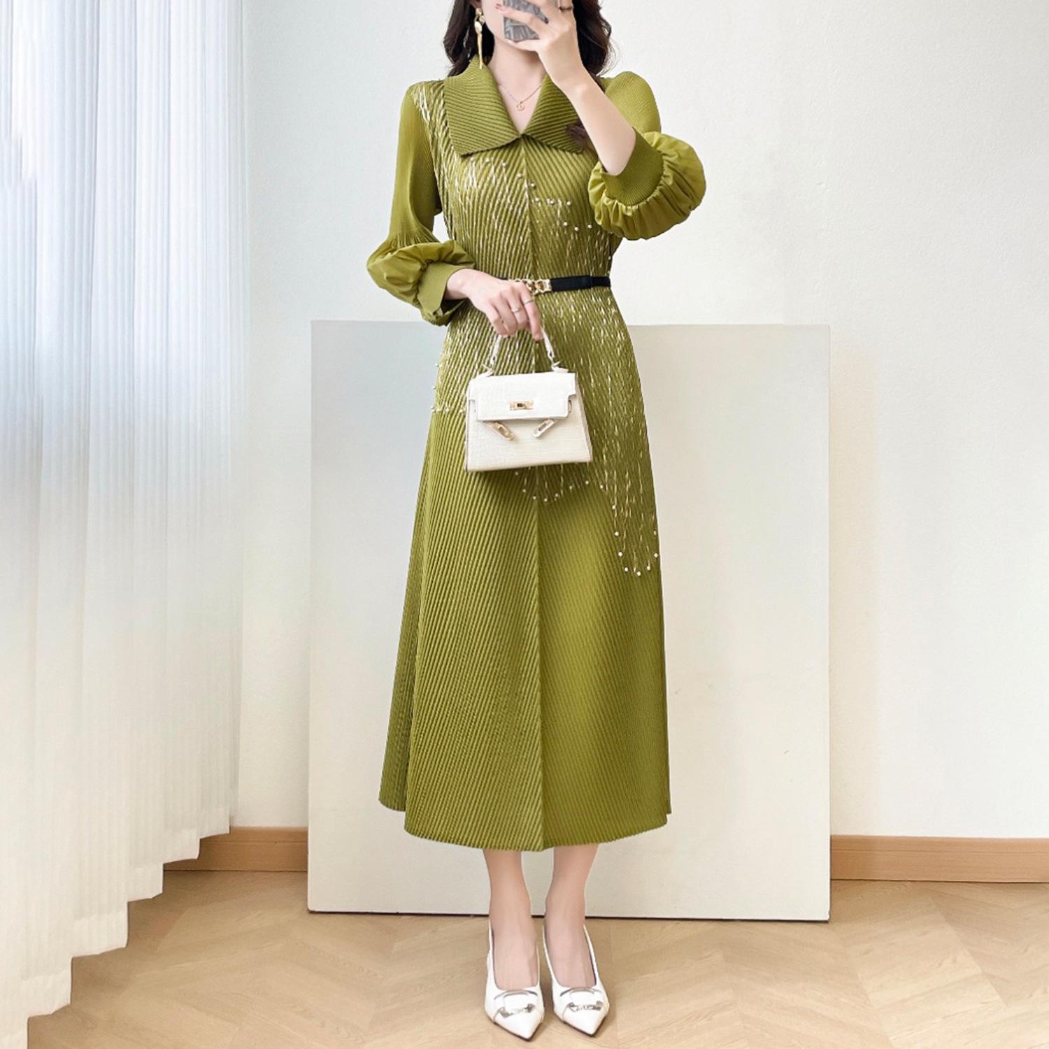 

Miyake Lantern Sleeve Long Dress - Elegant Plus Size Spring/Summer Skirt with Hot Stamping One Size зелёный