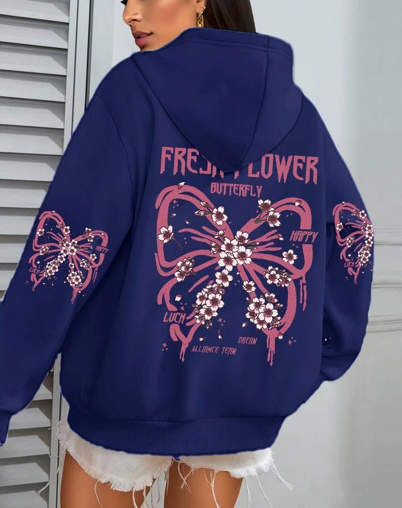 Fresh Butterfly Print Women's Hooded Sweatshirt - Autumn Loose Casual Fleece Pullover with Pockets.