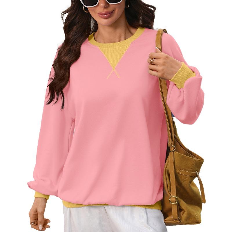 Women Loose Color Block Crew Neck Long Sleeve Casual Pullover Sweatshirt