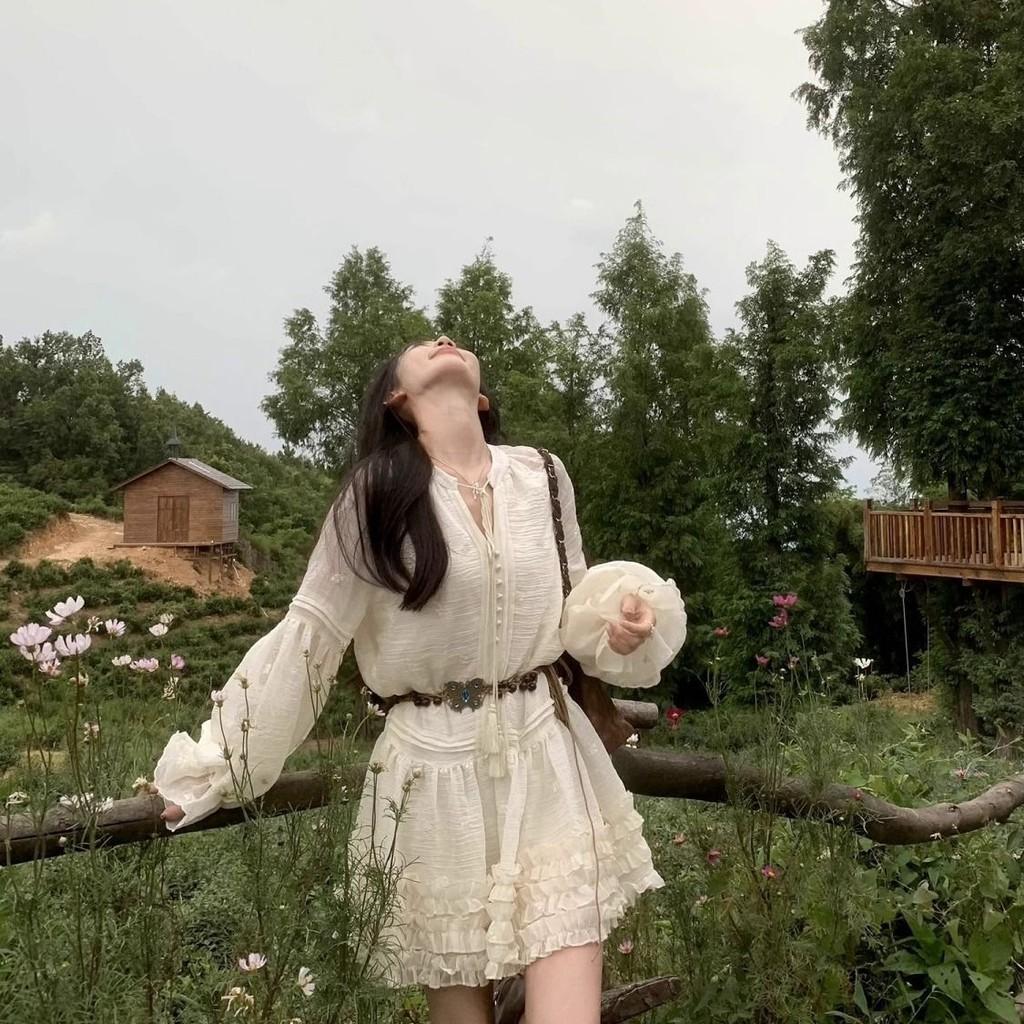 Spring Knit Long Sleeve Lantern Sleeve Short Dress With V Neck For Casual And Travel