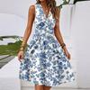 Women's Spring And Summer Casual V-Neck Sleeveless Waist Floral Print Midi Dress