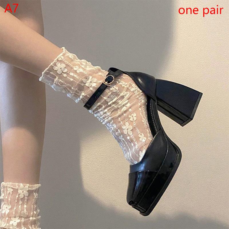 Summer Women Ultra Thin Floral Sexy Transparent Ice Glass Filament Long Tube Korean Lace Medium Tube  Socks Lolita Socks