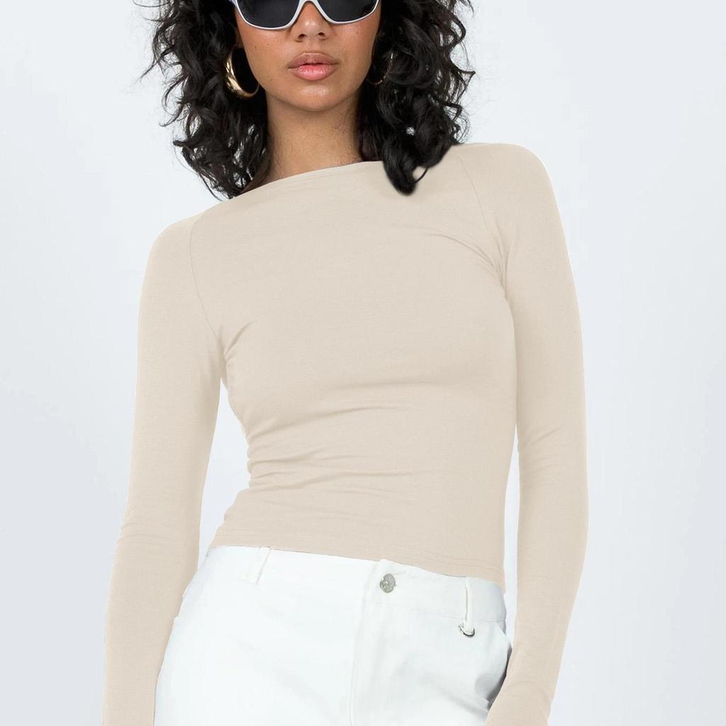 Streetwear Oneck Slim Outfits Women Long Sleeve Backless Tshirts Cropped Tops Solid Color