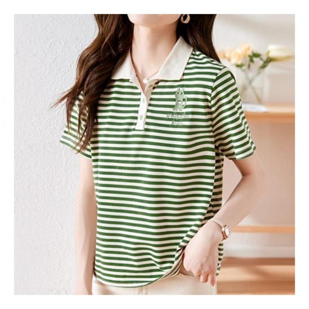 Navava Casual Cat Embroidery Striped Short Sleeve Polo Shirt Nt677