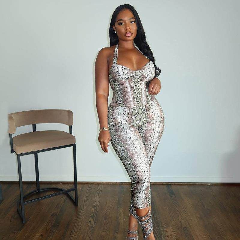 C25Jp339 European and American Women's Clothing Autumn and Winter New Style Elegant and Sexy Sleeveless Snake Print Suspender Slim Long Jumpsuit