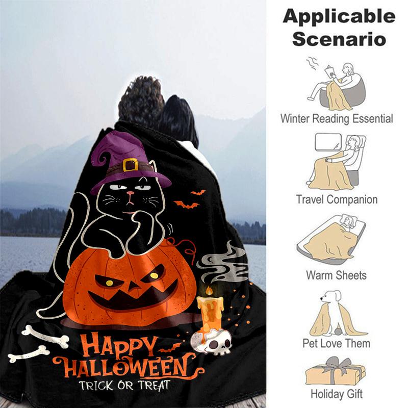 1pc Trick or Treat Cat & Pumpkin Halloween Blanket  Soft & Cozy, Living Room, Travel, Camping, Car Blankets