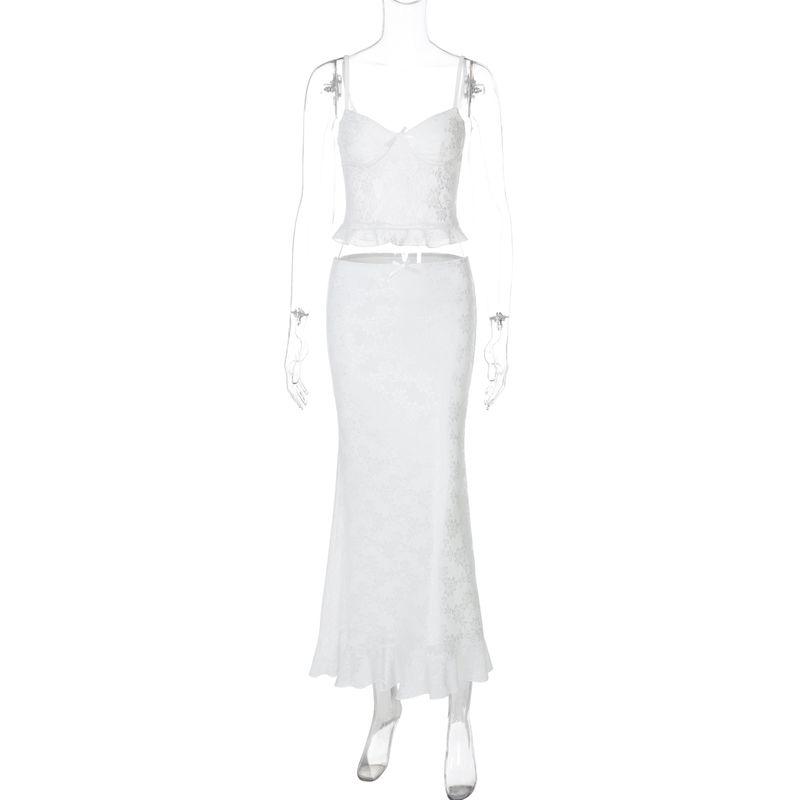 

Shemoda Fashion Style Sexy Lace Double Layer Splicing Sling Vest + High Waist Figure Flattering Sheath Long Skirt Two-piece Set Beige White S